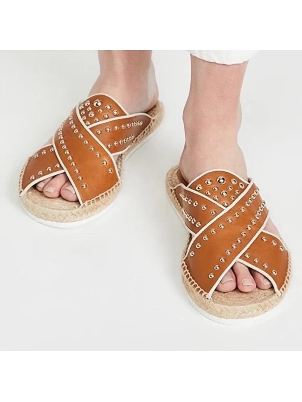 See by Chloe Studded Tan Leather Cross-Strap Espadrille Sandals Size 37
